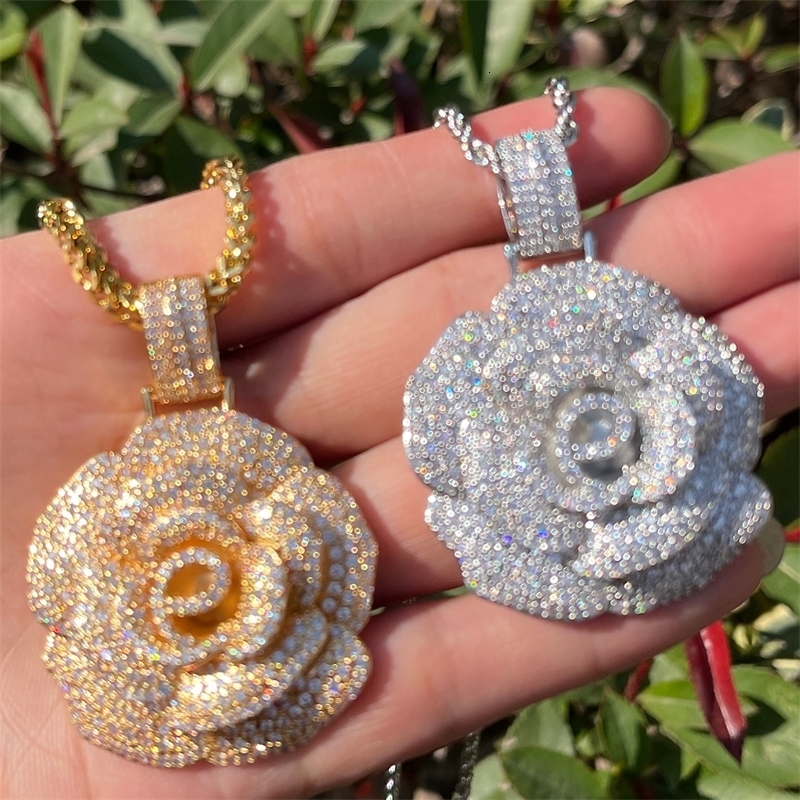 Chokers Bubble Letter Iced Out Pendant Rose Flower Necklace for Women Hip Hop Charms Cubic Zircon Fashion Jewery Gold Color 230519