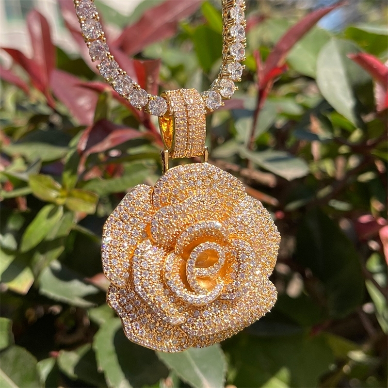 Chokers Bubble Letter Iced Out Pendant Rose Flower Necklace for Women Hip Hop Charms Cubic Zircon Fashion Jewery Gold Color 230519