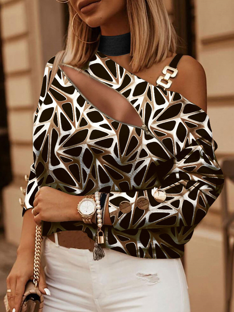 Womens Blouses Shirts Fashion Women Hollow Out Zipper Chic Spring Autumn Long Sleeve Print Halter Pullover Top Streetwear Drop 230519