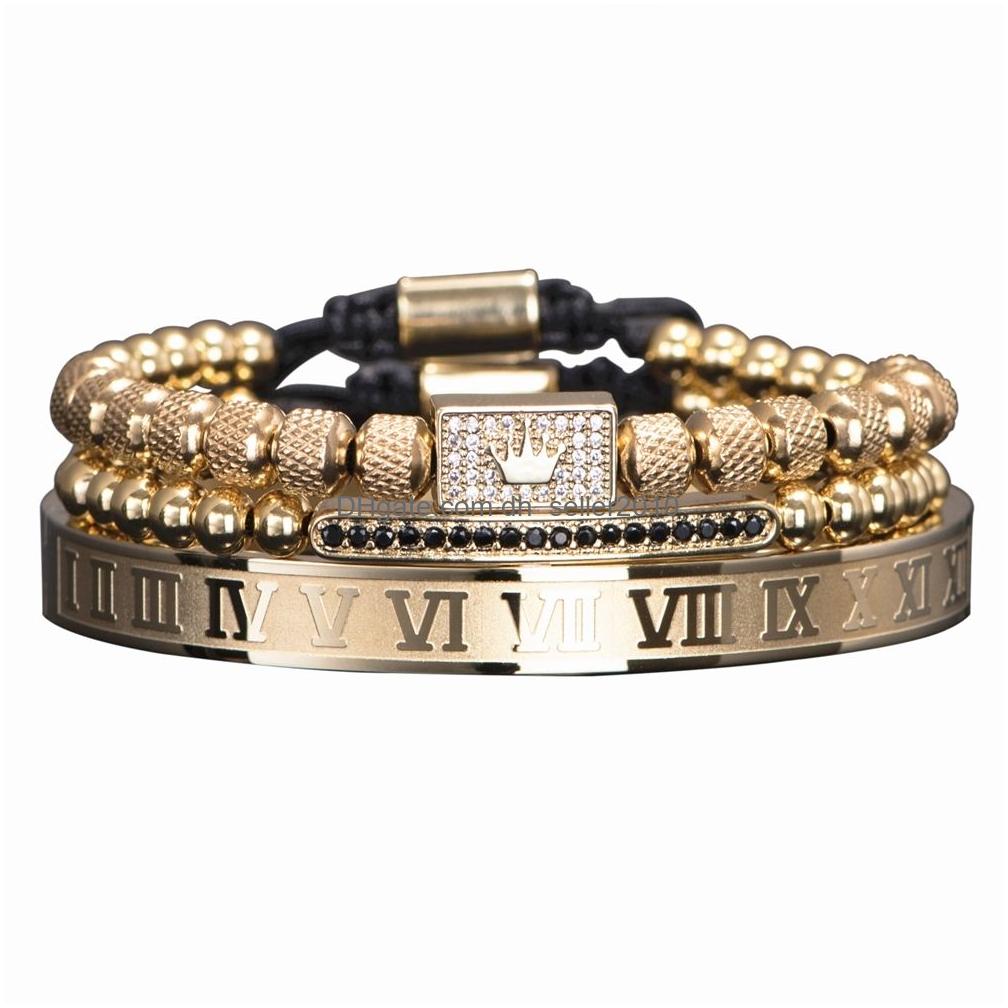 Charm Bracelets 3Pcs/Set Gold Royal King Crown Men Roman Numeral Bracelet Unique Design Braided Adjustable Bangle Pseira Drop Delive Dhf3E