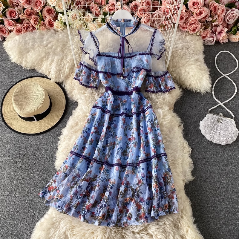 Summer New Elegant Standing Neck Print Dress Flare Short Sleeve Mesh Panel Lace Fragmented Ruffle Edge Dress