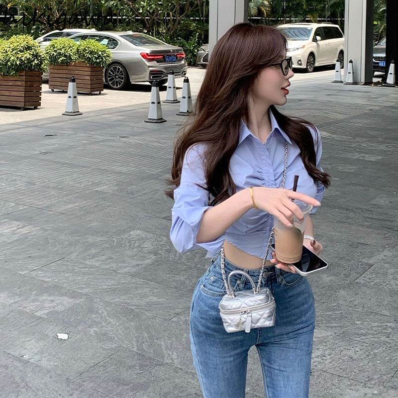 Womens Blouses Shirts Sexy Crop Tops Fashion Blouse for Women Folds Tunic Long Sleeve Shirt Korean Y2k Clothes White Blusas Mujer De Moda 230519