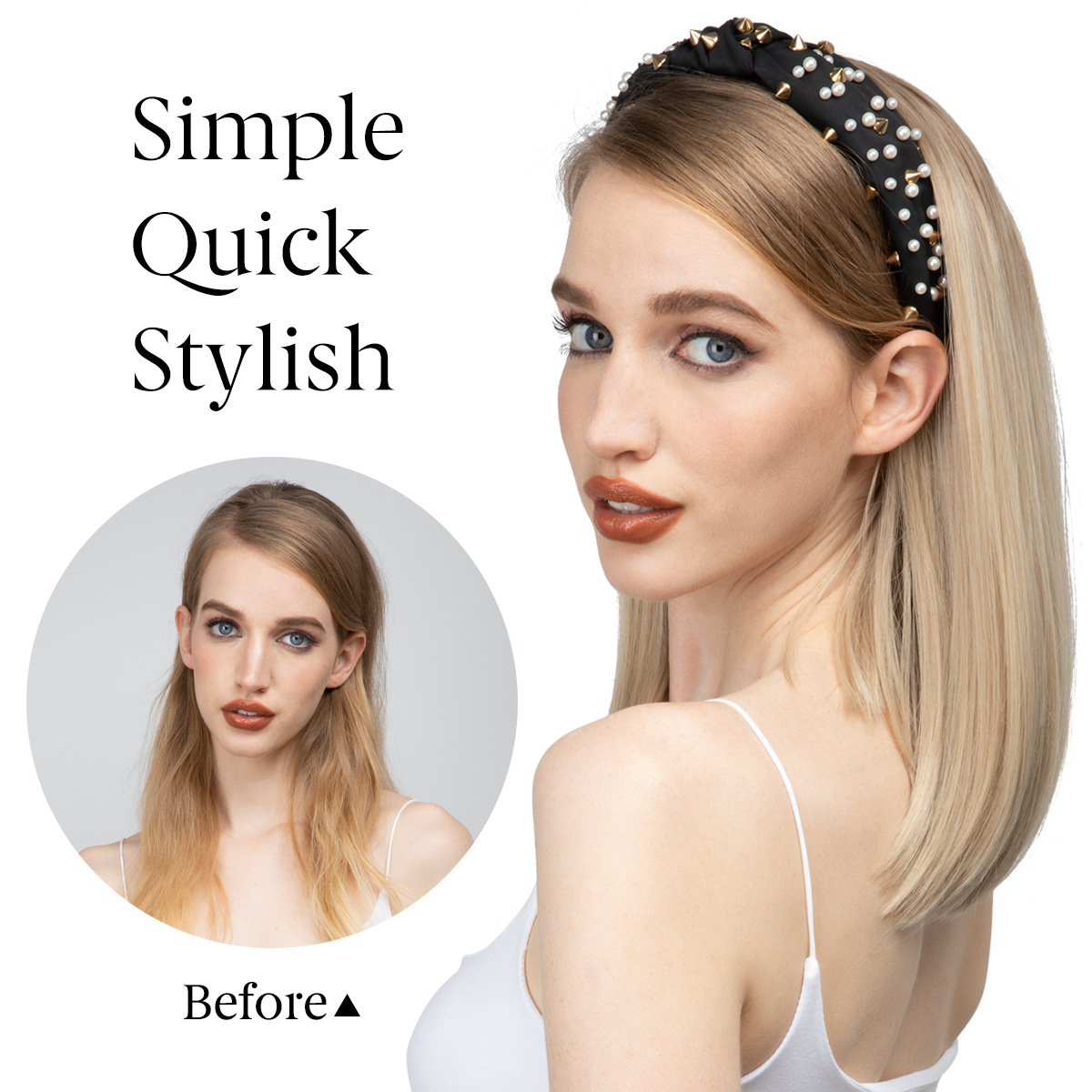 Synthetic Straight Natural Short Hair Wig Headband Half Up Half Down Wig With Headband Attached For Women