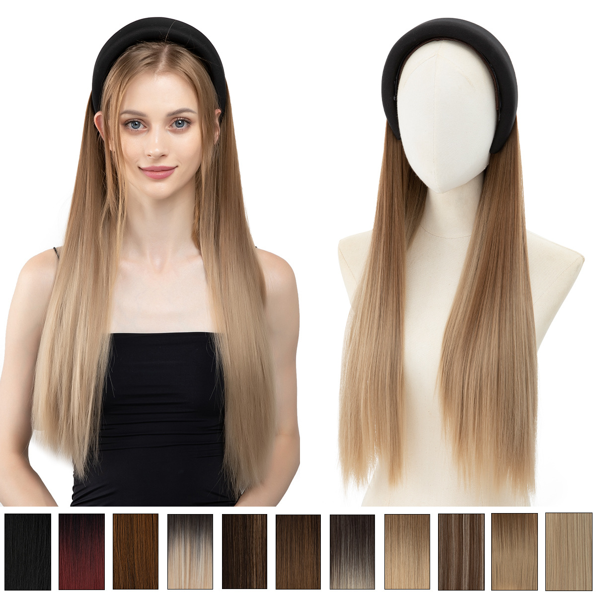 28" Synthetic Long Straight Headband Half Head Hair Wigs, a Hair Sleeve That Combines a Headband With a Wig