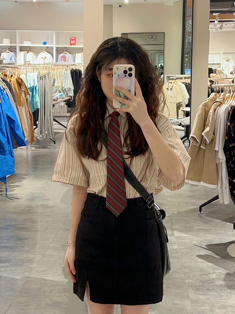 Women's Blouses Shirts Summer Preppy Style Stripe Shirt With Tie Women Korean Chic Short Sleeve Y2k AllMatch Tops Vintage Harajuku Girl Blouse Cl