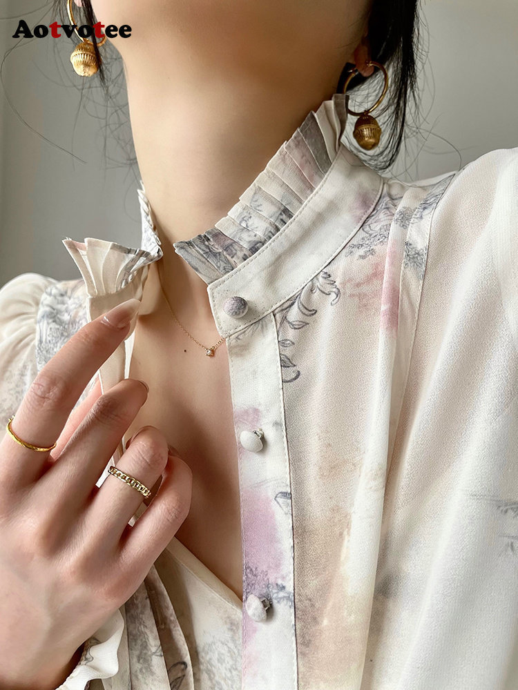 Two Piece Dress Aotvotee 3 Sets Outfits 2023 Fashion Lantern Sleeve Single Breasted Tops Vintage Ruffle Printing Skirt 230520