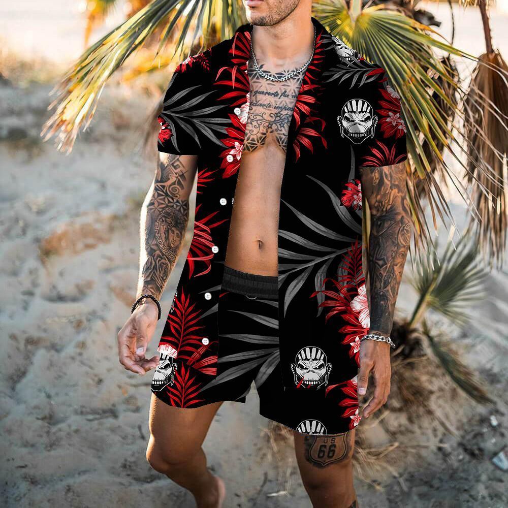 Men's Tracksuits 2023 Men Sets Leaf Plant 3D Lapel Short Sleeve Casual Shirt Beach Shorts Summer Streetwear Vacation Hawaiian Suits S4XL 230520