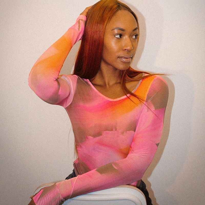 Women's TShirt Y2K Tie Dye Print Crop Top Mesh Sheer See Through Long Sleeve Tshirt Women Summer Sweat Tee Egirl Aesthetic Streetwear 230520