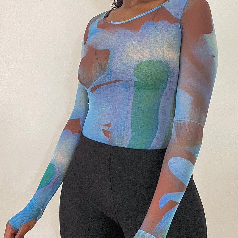 Women's TShirt Y2K Tie Dye Print Crop Top Mesh Sheer See Through Long Sleeve Tshirt Women Summer Sweat Tee Egirl Aesthetic Streetwear 230520