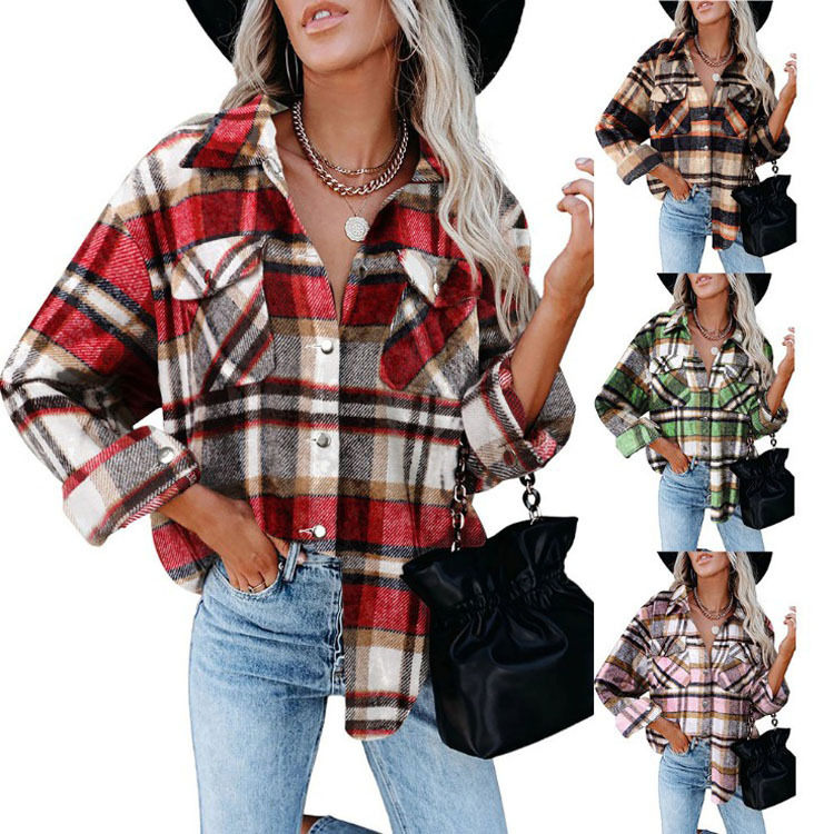 Autumn/Winter European and American Women's New Woolen Shirt Long Sleeve Plaid Coat