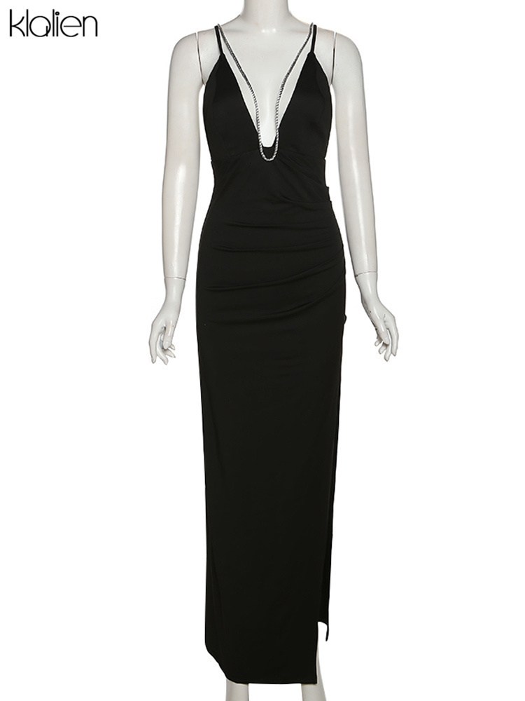 Basic Casual Dresses KLALIEN Fashion Elegant Sexy Hollow Out Bandage Backless Romantic Long Dress For Women Slim Solid Black Maxi Dress 230520