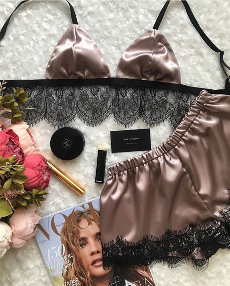 Women's Sleepwear Leechee's women's pajamas sexy satin pajama set Comfortable home clothing Sleeveless cute bra and short sleeved V-nec