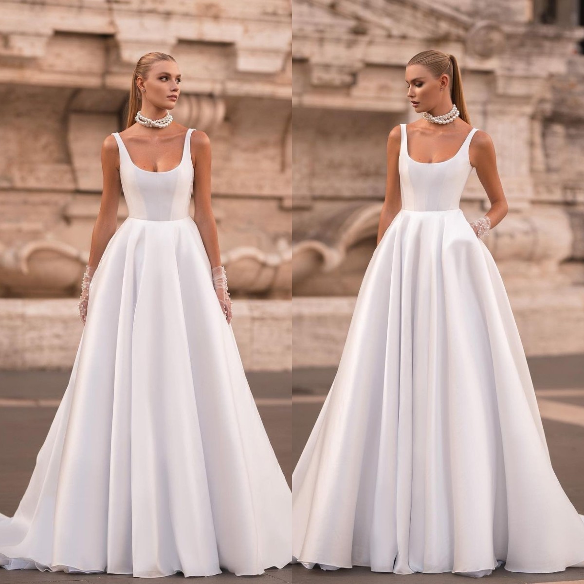 A-E Satin Wedding Dress With Straps And Boned Bodice 0226Lz