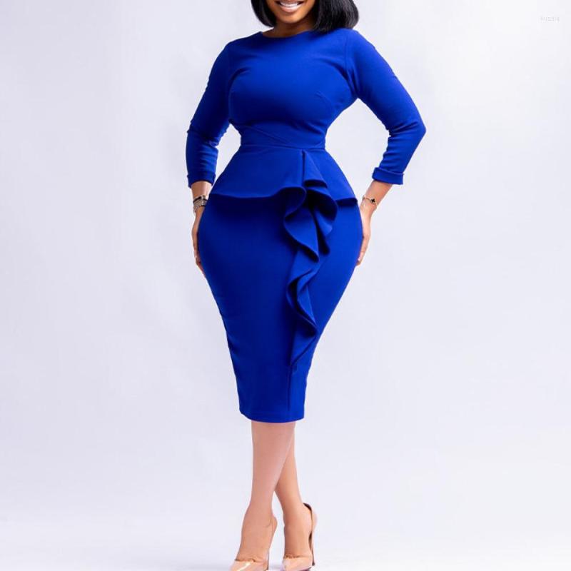Casual Dresses Plus Size Elegant Women Spring Summer Slim Bodycon Mid-Calf Dress Fashion Solid Ruffles Office Lady Clothes