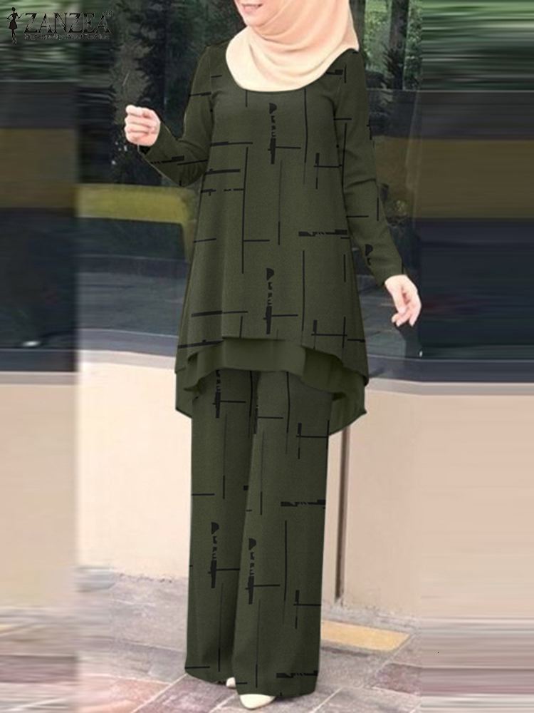 Ethnic Clothing Autumn Flower Athletic Suit ZANZEA Bohemian Women's Shirt Elastic Waist Pants Set Women's Casual Printing Matching Set Overs