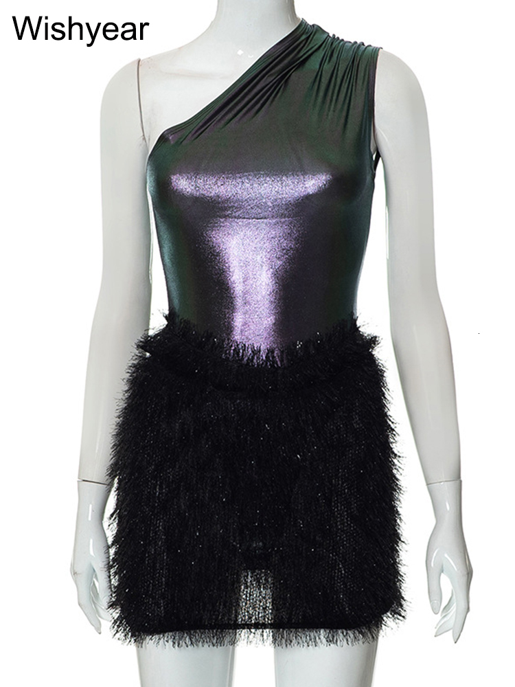 Two Piece Dress year Orange Metallic One Shoulder Bodysuit Top and Fuzzy Skirt Set for Women Sexy Birthday Club Bodycon Sets Outfits 230520