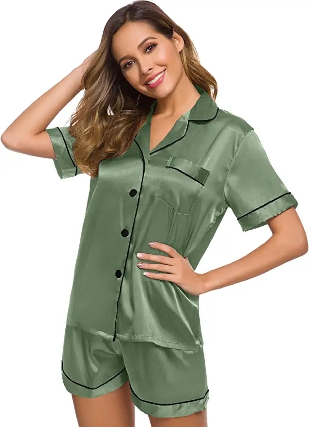 Women's Sleepwear Satin pajamas Women's short sleeved pajamas Soft silk button down jacket Pjs short sleeved set S-XXL 230520