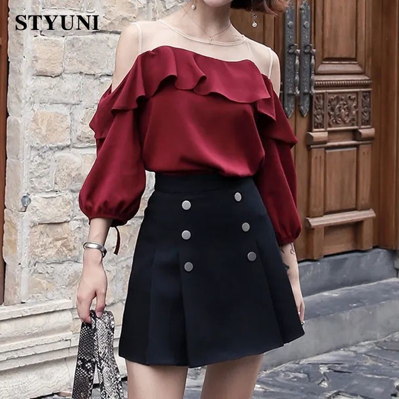 Two Piece Dress Ruffles ONeck Mesh Puff Sleeve Loose Women's Blouse Shirt High Waist Pleated Skirt Korean Fashion piece Set 2023 Summer 230520