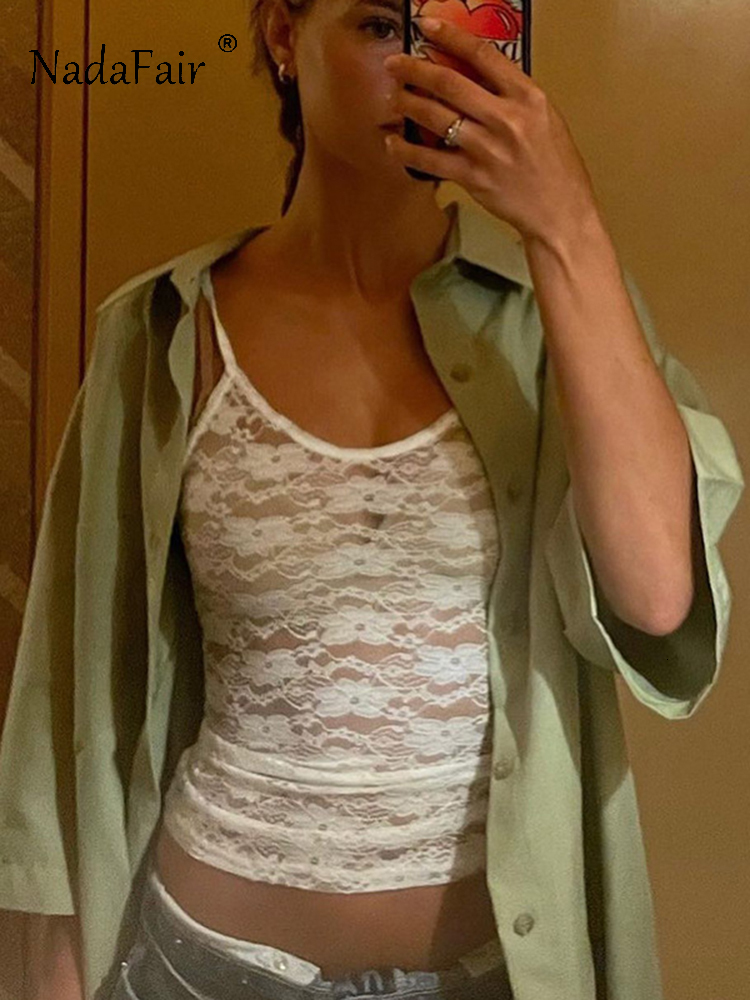 Women's Tanks Camis Nadafair Women Mesh See Through White Sexy Sleeveless Spaghetti Straps Skinny Crop Tops Casual Basic Y2K Summer 2023 230520