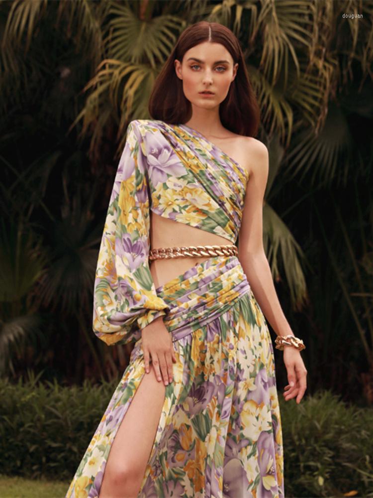 Casual Dresses 2023 Sexy Slanted One Shoulder Slim Chain Floral Maxi Dress Summer Elegant Irregular Cut Out Long Sleeve Party Even