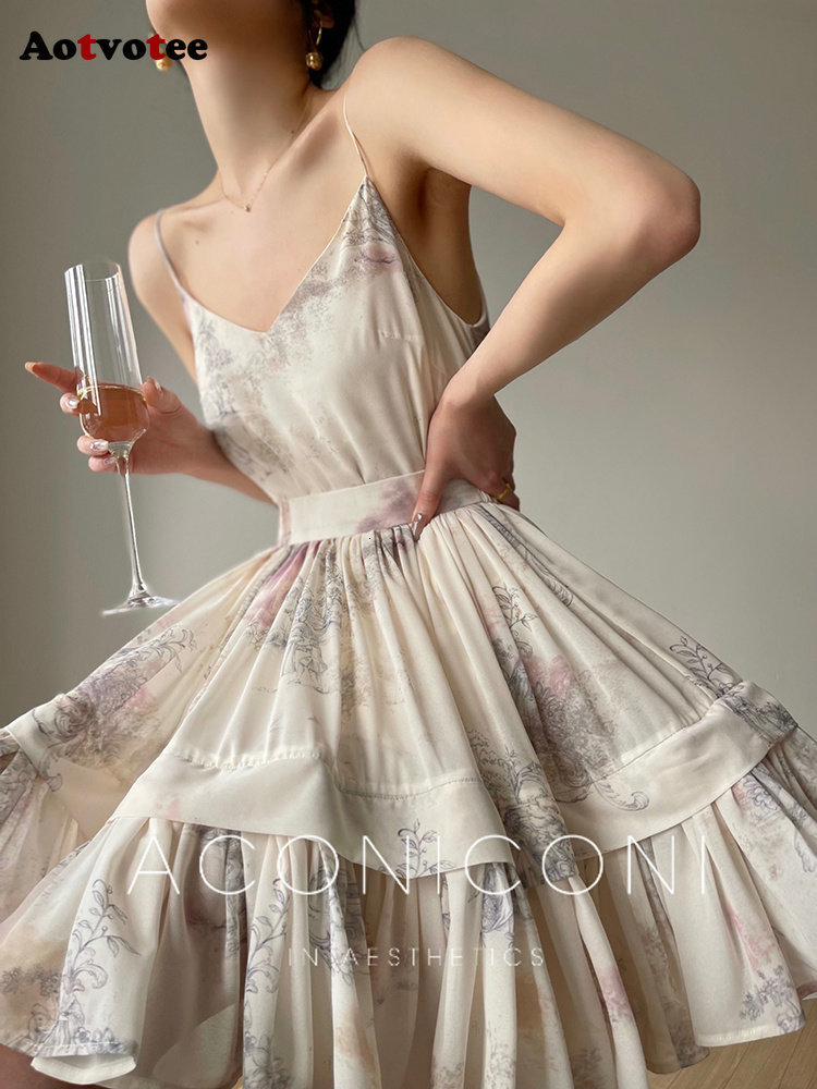 Two Piece Dress Aotvotee 3 Sets Outfits 2023 Fashion Lantern Sleeve Single Breasted Tops Vintage Ruffle Printing Skirt 230520