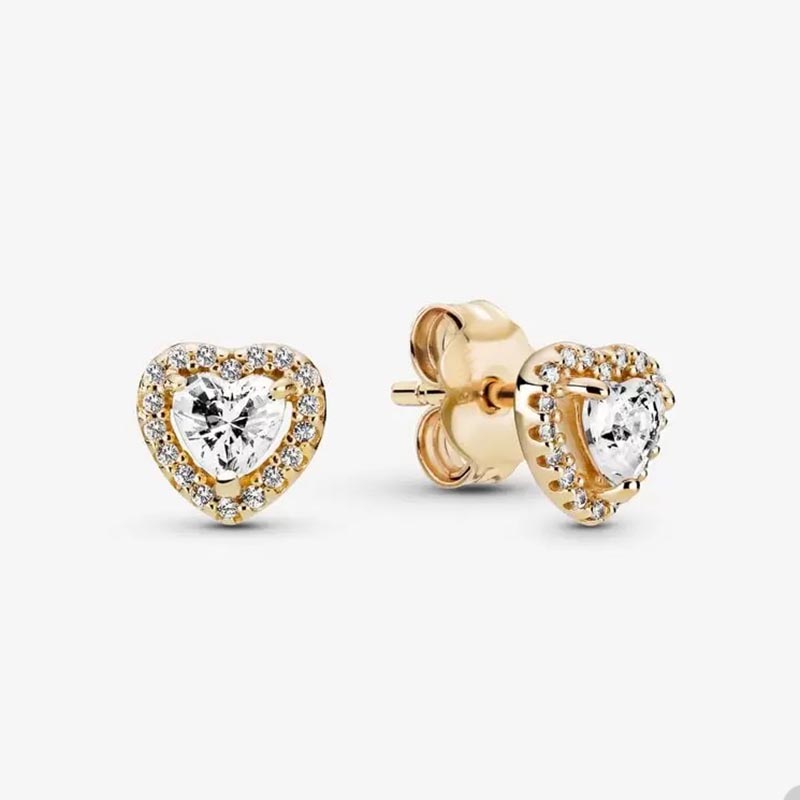 Golden Elevated Heart Stud Earrings Real Sterling Silver Wedding Earring Set Jewelry For Women Crystal diamond Gold earring with Retail Box
