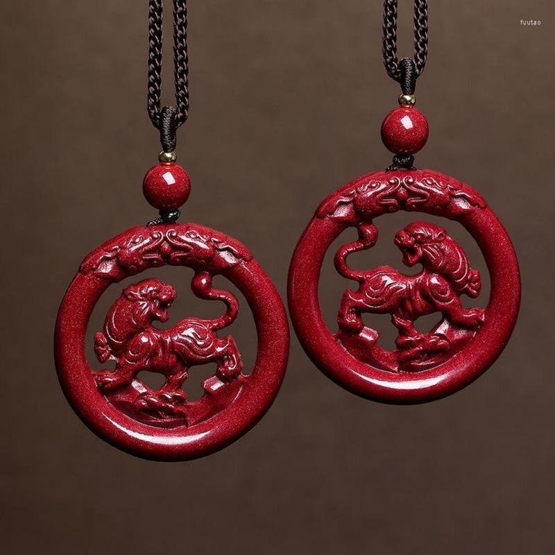 Pendant Necklaces Natural Red Cinnabar Jade Tiger With Rope Chain Fengshui Charms Necklace Men Women Lucky Amulet Sweater