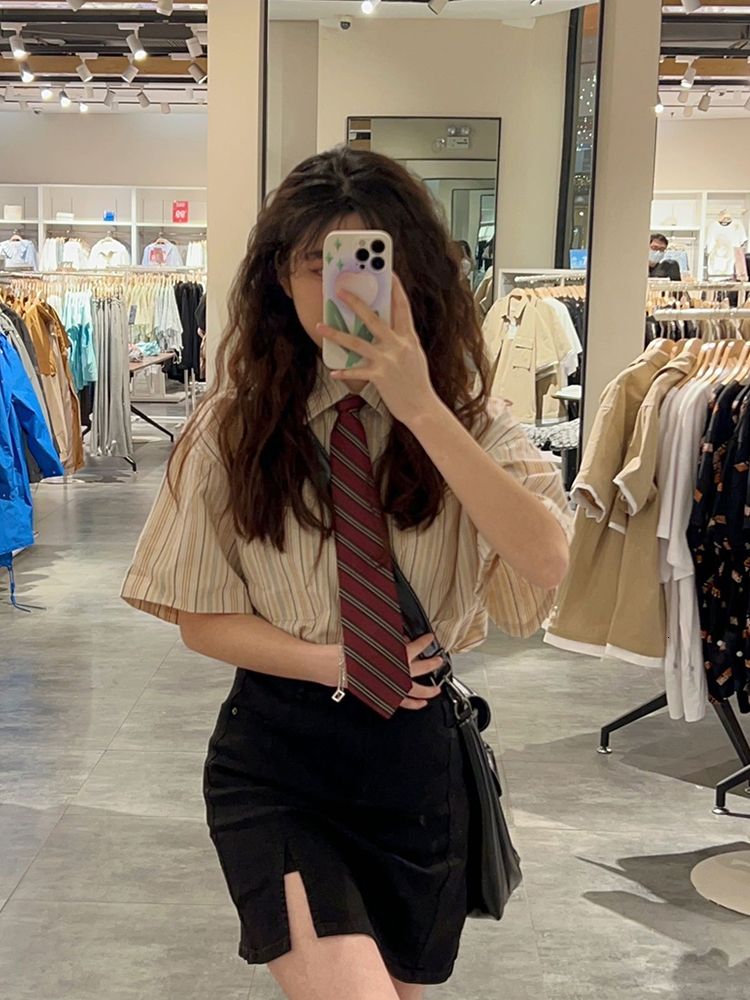 Women's Blouses Shirts Summer Preppy Style Stripe Shirt With Tie Women Korean Chic Short Sleeve Y2k AllMatch Tops Vintage Harajuku Girl Blouse Cl