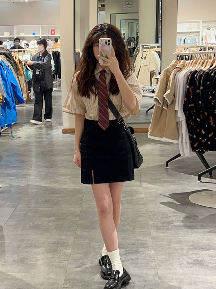 Women's Blouses Shirts Summer Preppy Style Stripe Shirt With Tie Women Korean Chic Short Sleeve Y2k AllMatch Tops Vintage Harajuku Girl Blouse Cl