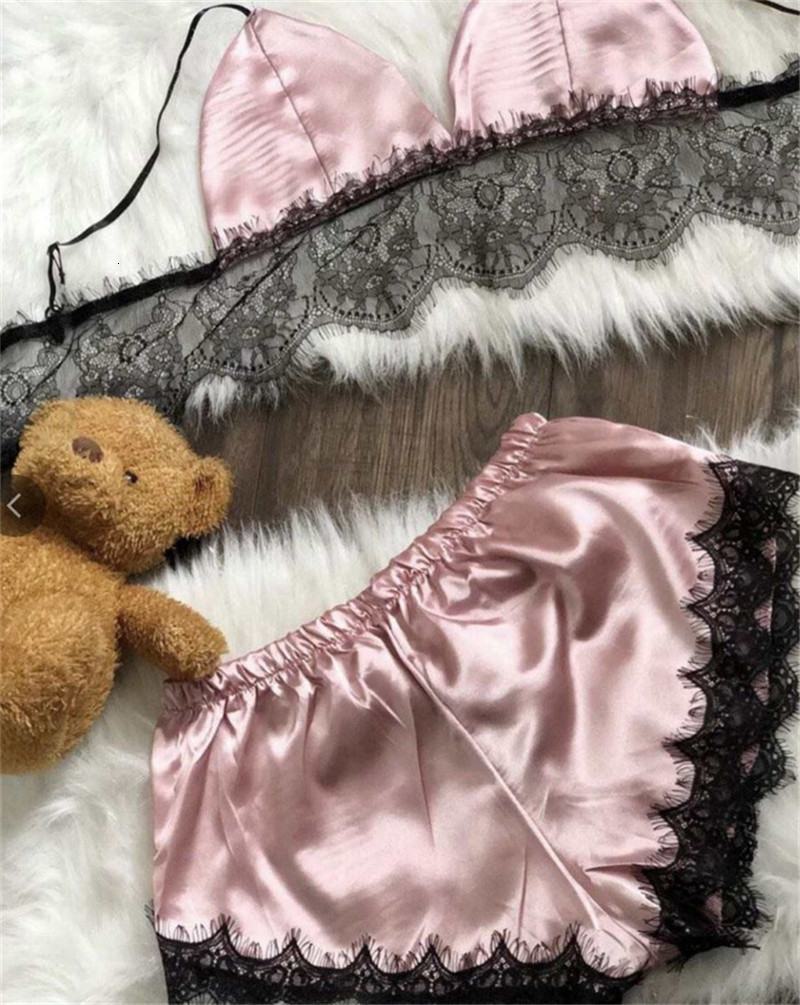 Women's Sleepwear Leechee's women's pajamas sexy satin pajama set Comfortable home clothing Sleeveless cute bra and short sleeved V-nec