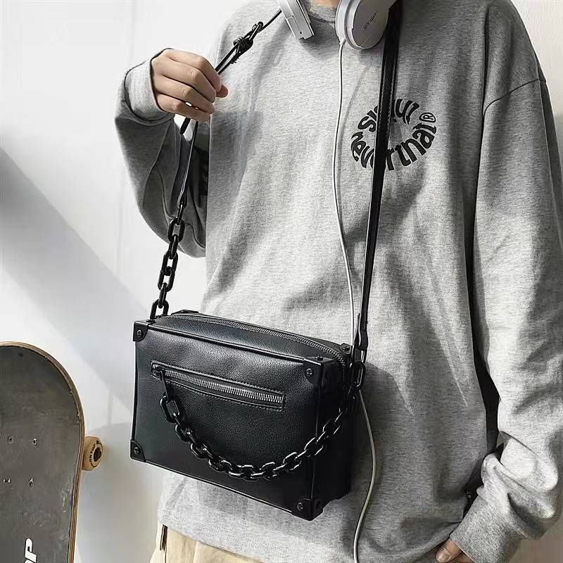 Black PU Leather Trunk Chain Crossbody for Women & Men Casual Soft Designer Messenger Bag 4