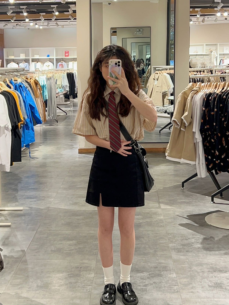 Women's Blouses Shirts Summer Preppy Style Stripe Shirt With Tie Women Korean Chic Short Sleeve Y2k AllMatch Tops Vintage Harajuku Girl Blouse Cl