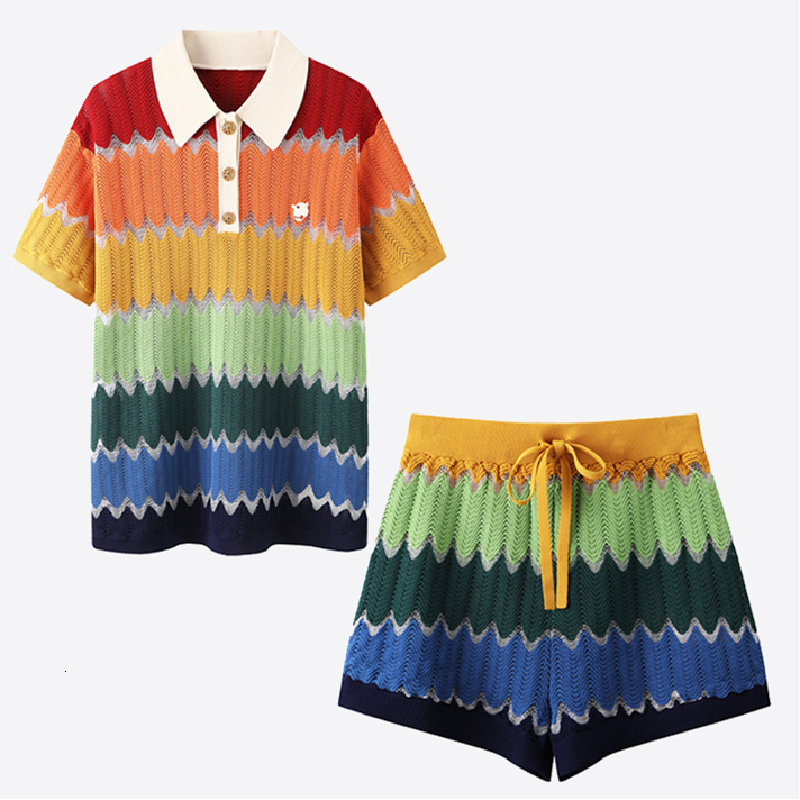 Two Piece Dress High Quality Women Fashion Summer Vintage Ice Silk Loose Colorful Striped Polo Collar Knit Top Shorts Pieces Set 230520