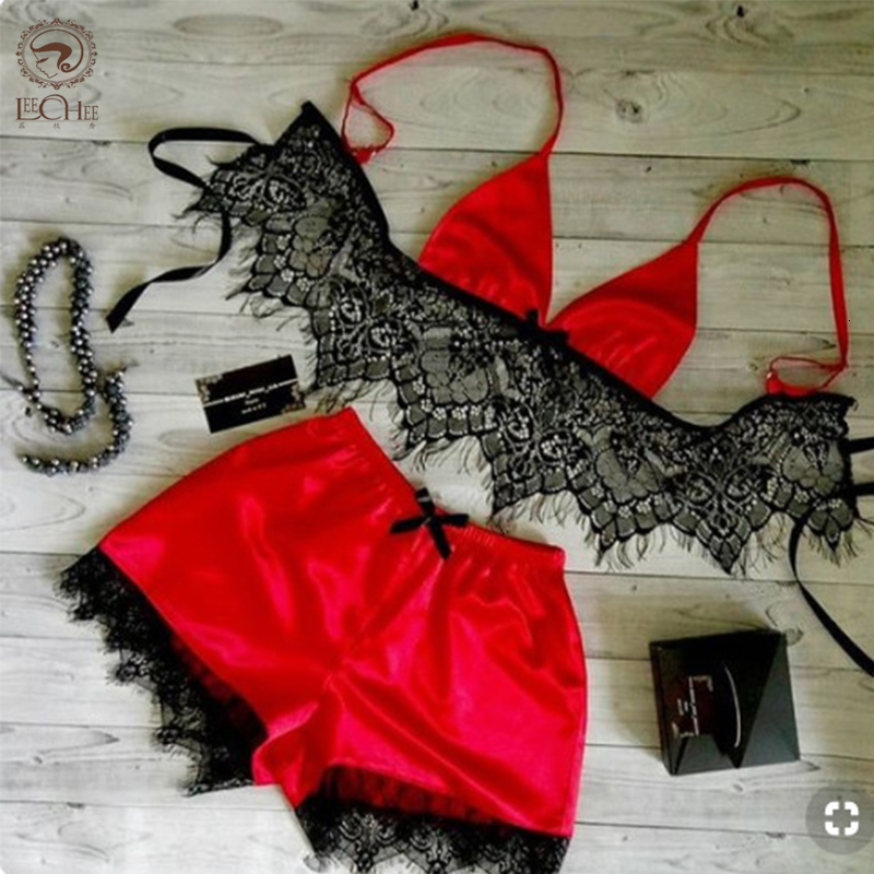 Women's Sleepwear Leechee's women's pajamas sexy satin pajama set Comfortable home clothing Sleeveless cute bra and short sleeved V-nec