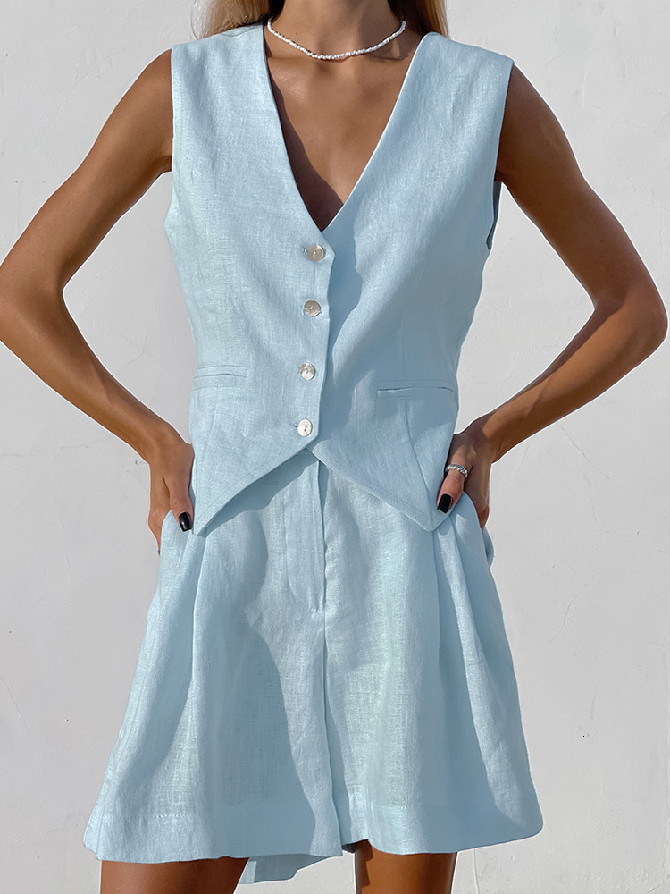 Women's Two Piece Pants 2023 Spring Summer Women Linen Shorts Set Sleeveless Vneck Holiday Solid White 2 Matching Sets For 230520