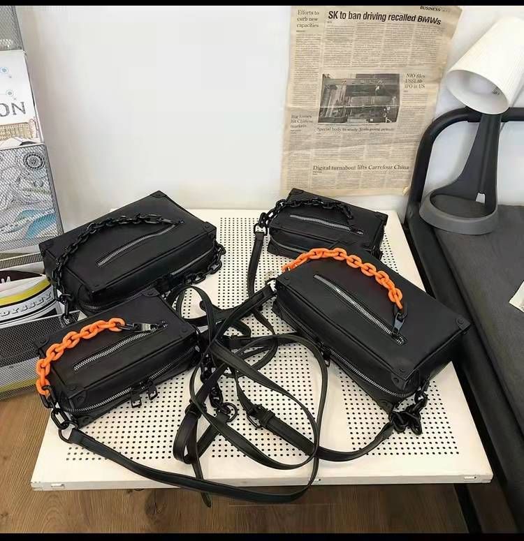 Black PU Leather Trunk Chain Crossbody for Women & Men Casual Soft Designer Messenger Bag 4