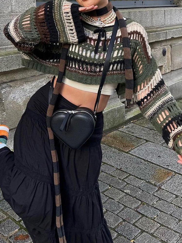 Women's TShirt SUCHCUTE y2k Stripe Hollow Out Fishnet Sweaters Smock Crop Tops Women Fairycore Oversize Sweater Grunge Goth Cloth 230520