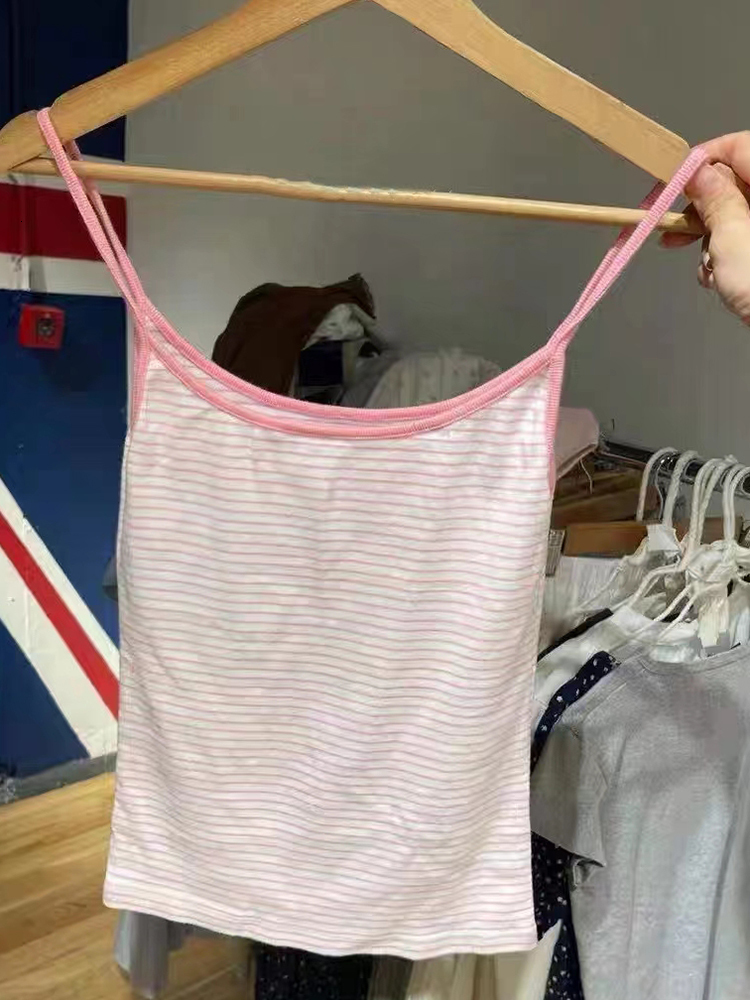 Women's Tanks Camis Sweet Pink Striped Slim Tank Top Summer Sexy Cute Sleeveless Soft Cotton Cami Vintage Chic Y2k Crop 230520