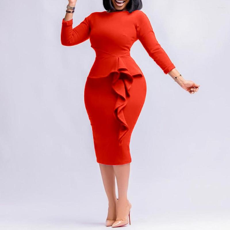 Casual Dresses Plus Size Elegant Women Spring Summer Slim Bodycon Mid-Calf Dress Fashion Solid Ruffles Office Lady Clothes