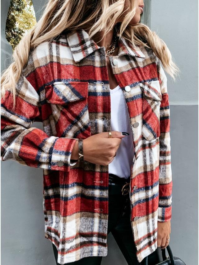 Autumn/Winter European and American Women's New Woolen Shirt Long Sleeve Plaid Coat
