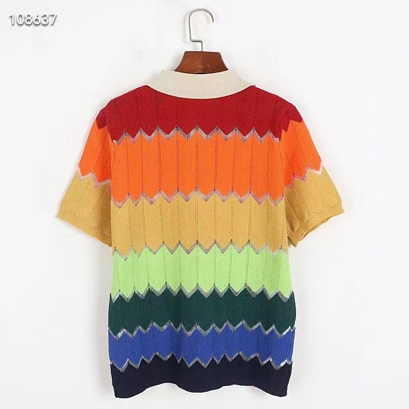 Two Piece Dress High Quality Women Fashion Summer Vintage Ice Silk Loose Colorful Striped Polo Collar Knit Top Shorts Pieces Set 230520