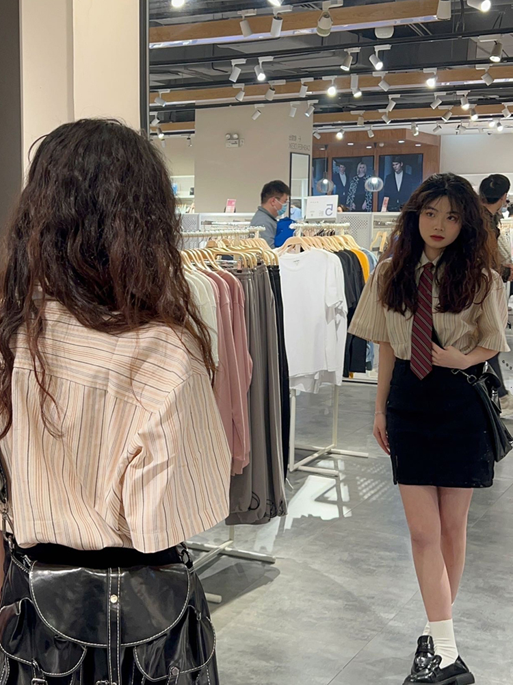 Women's Blouses Shirts Summer Preppy Style Stripe Shirt With Tie Women Korean Chic Short Sleeve Y2k AllMatch Tops Vintage Harajuku Girl Blouse Cl