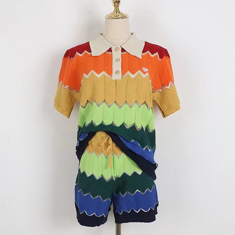 Two Piece Dress High Quality Women Fashion Summer Vintage Ice Silk Loose Colorful Striped Polo Collar Knit Top Shorts Pieces Set 230520