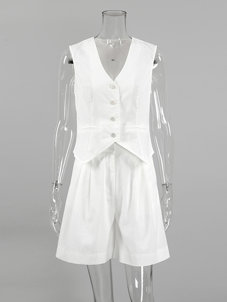 Women's Two Piece Pants 2023 Spring Summer Women Linen Shorts Set Sleeveless Vneck Holiday Solid White 2 Matching Sets For 230520