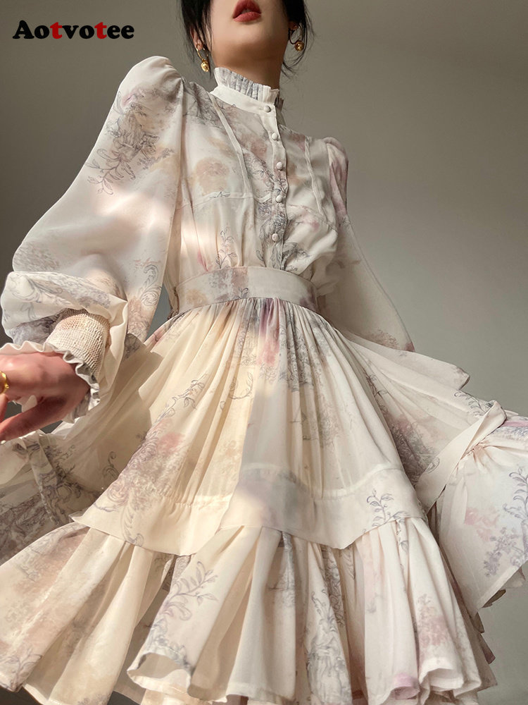 Two Piece Dress Aotvotee 3 Sets Outfits 2023 Fashion Lantern Sleeve Single Breasted Tops Vintage Ruffle Printing Skirt 230520