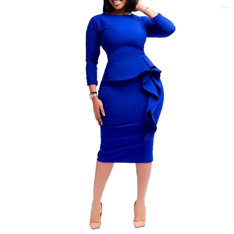 Casual Dresses Plus Size Elegant Women Spring Summer Slim Bodycon Mid-Calf Dress Fashion Solid Ruffles Office Lady Clothes