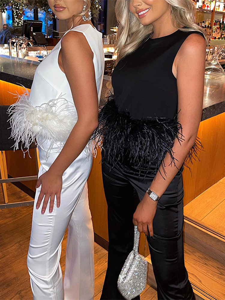 Women's Blouses Shirts Summer Elegant Tops and Blouses Women Solid Color Sleeveless Feather Hem Crop Tops Casual Shirts Female Streetwear 230520