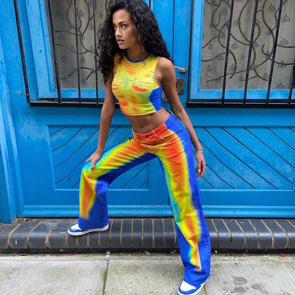 Women's Pants Capris Lairauiy Women's Y2K Fairy Grunge Wide Leg Pants Fashion Tie Dye Print Colorful Block High Waist Loose Pants 230520