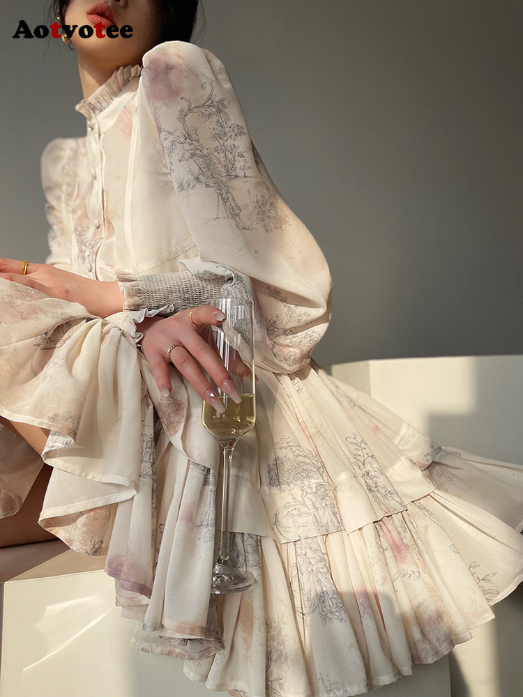 Two Piece Dress Aotvotee 3 Sets Outfits 2023 Fashion Lantern Sleeve Single Breasted Tops Vintage Ruffle Printing Skirt 230520