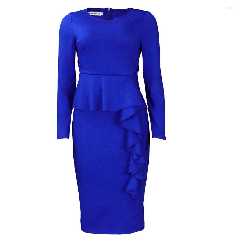Casual Dresses Plus Size Elegant Women Spring Summer Slim Bodycon Mid-Calf Dress Fashion Solid Ruffles Office Lady Clothes